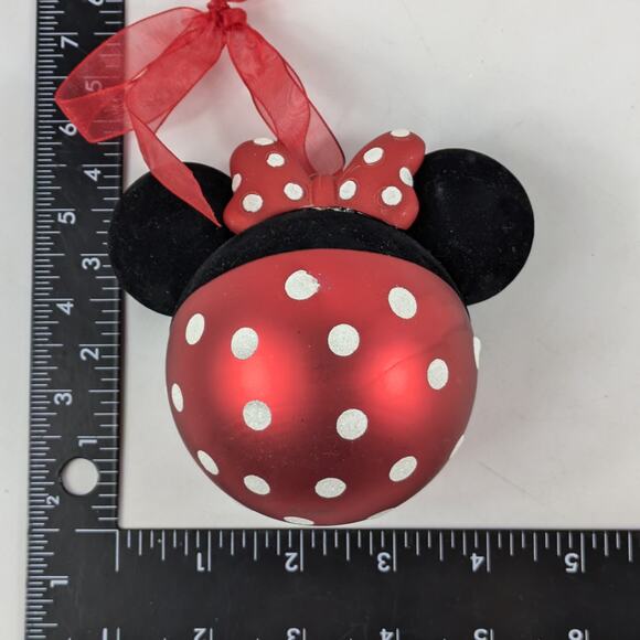 Disney Minnie Mouse Polka‑Dot Bow Glass Ornament 4″ Tall Red Black Velour Ears - Picture 5 of 7